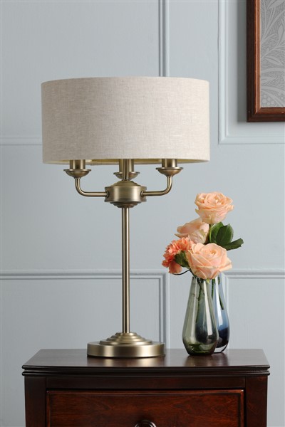 (image for) Laura Ashley Sorrento 3 Light Table Lamp Matt Antique Brass With Natural Shade